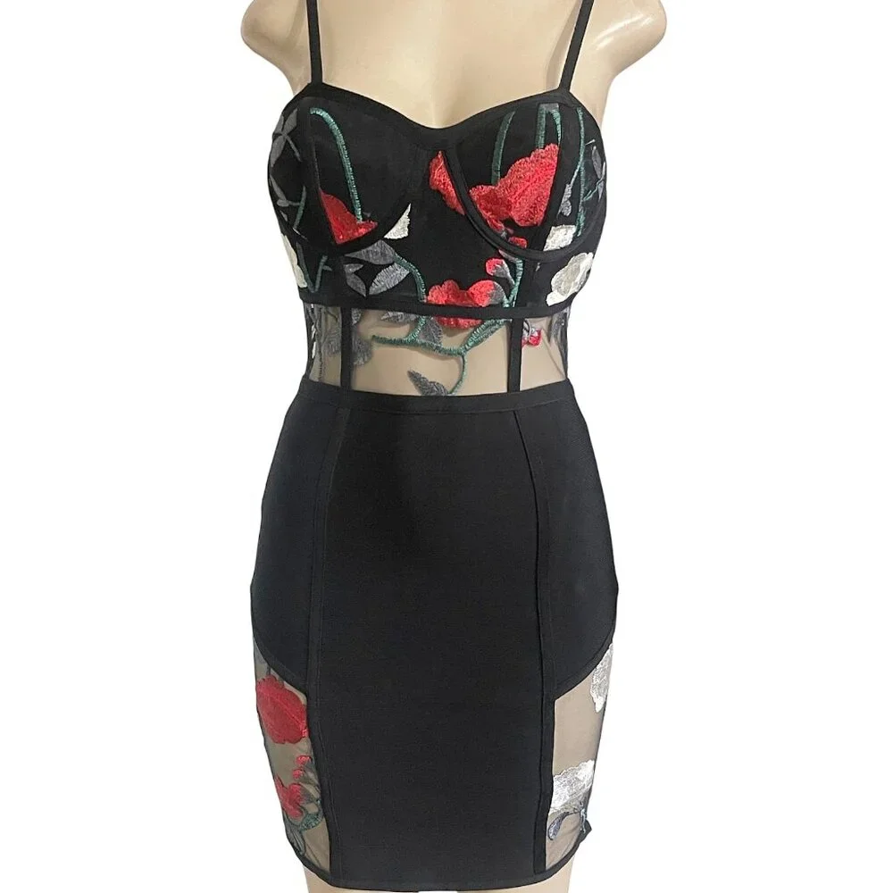 Floral Embroidered Bustier Bodycon Bandage Dress with Sheer Mesh Panels - Size M - Picture 8 of 9